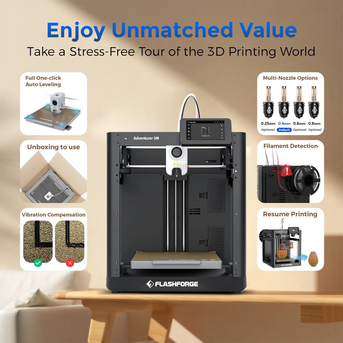 Adventurer 5M 3D Printer, Fully Auto Leveling & 600Mm/S High Speed Printing, Black